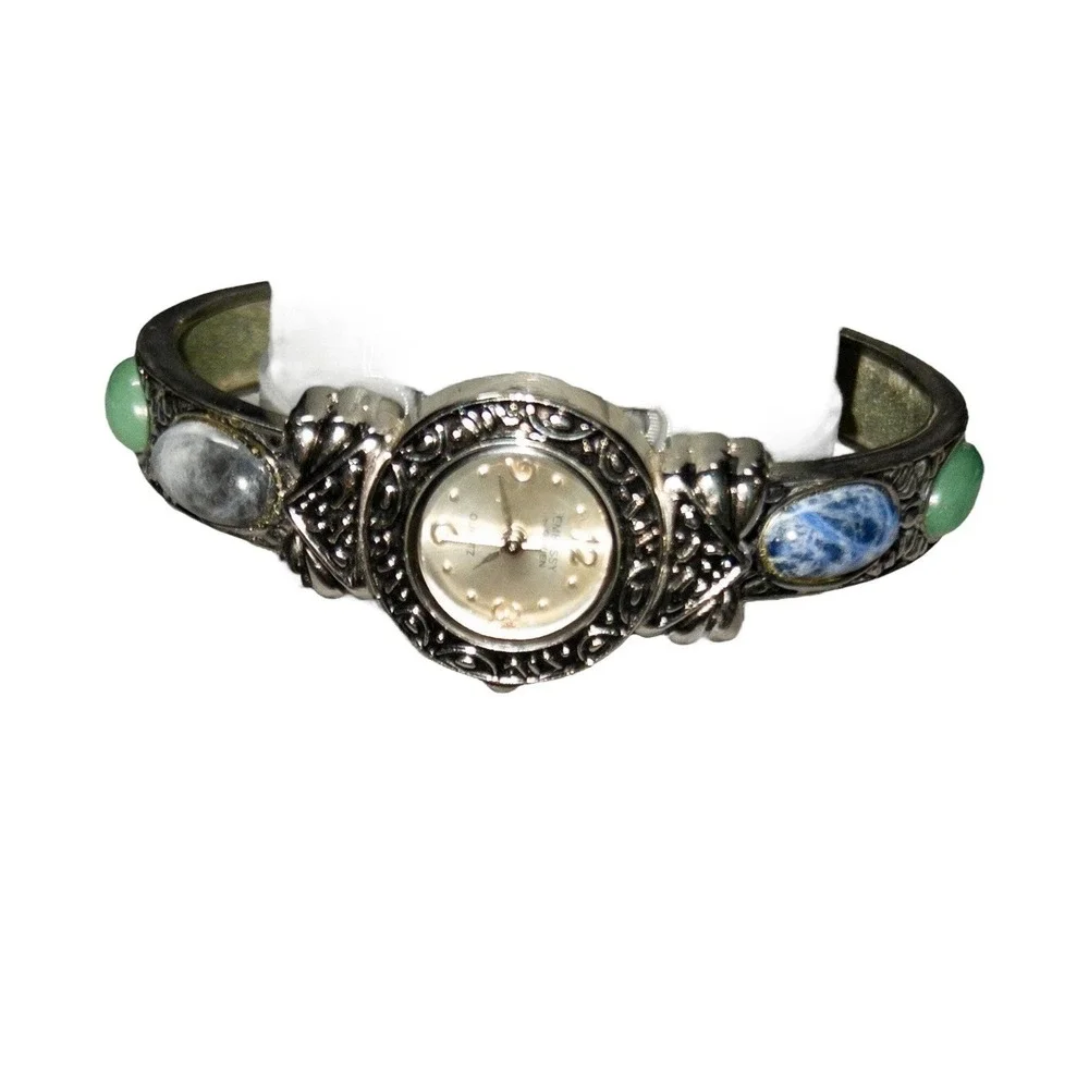 Western‎ Silver Bangle Watch Embassy By Gruen Multicolor Stones 22mm Adjustable